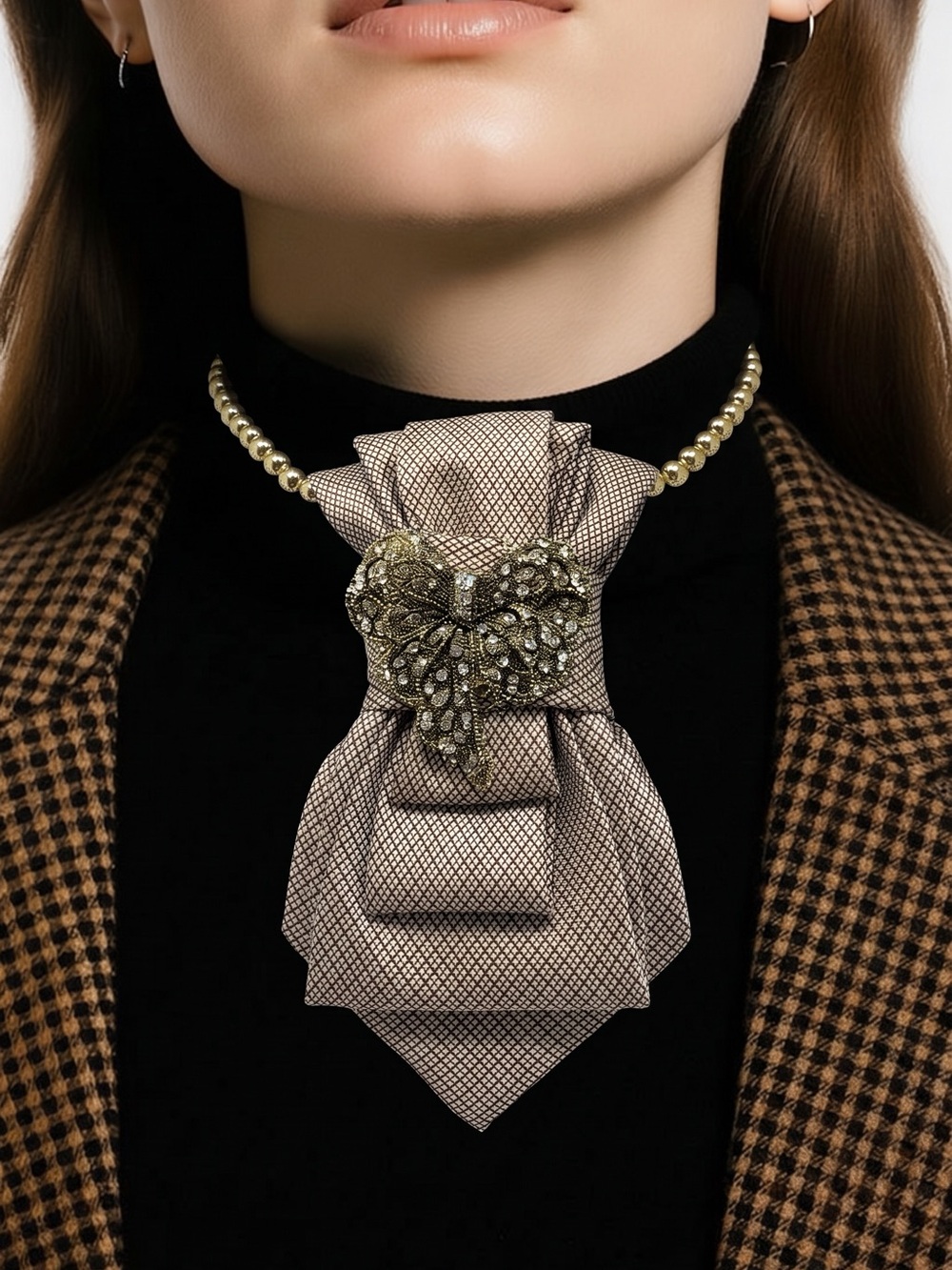 CHIC CHICK UPCYCLE | Plaid Tie Necklace with Gold Bow and Crystal Brooch